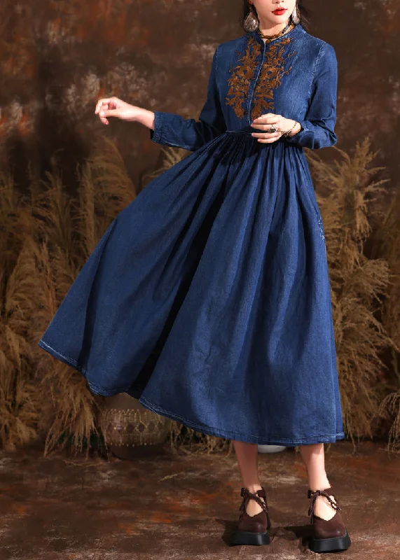 Classic Style Retro Navy Stand Collar Wrinkled Patchwork Denim Long Dress Long Sleeve