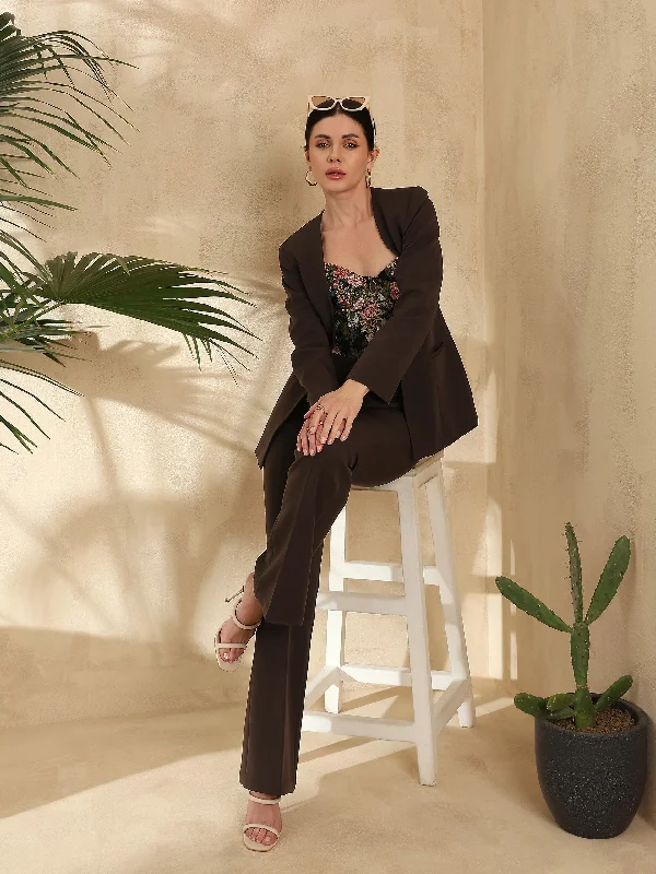 Breathable Design Lapel less Stretch Pant Suit- Chocolate Brown