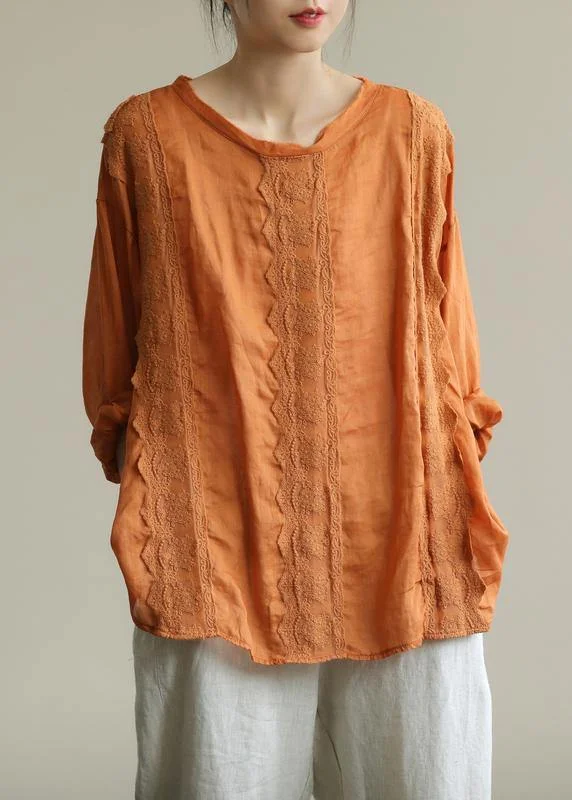 Minimal Style Organic o neck patchwork lace fall tunics for women Shirts orange shirts