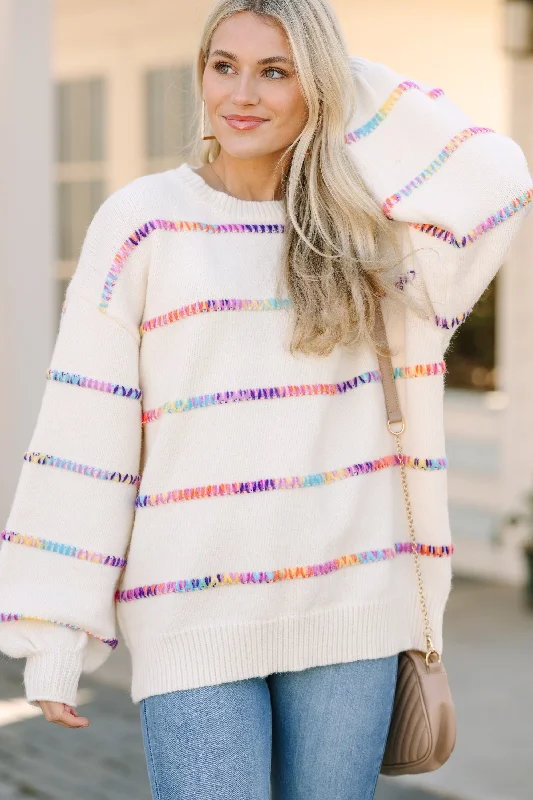 European Plan Stuck On You Cream White Rainbow Stitched Sweater