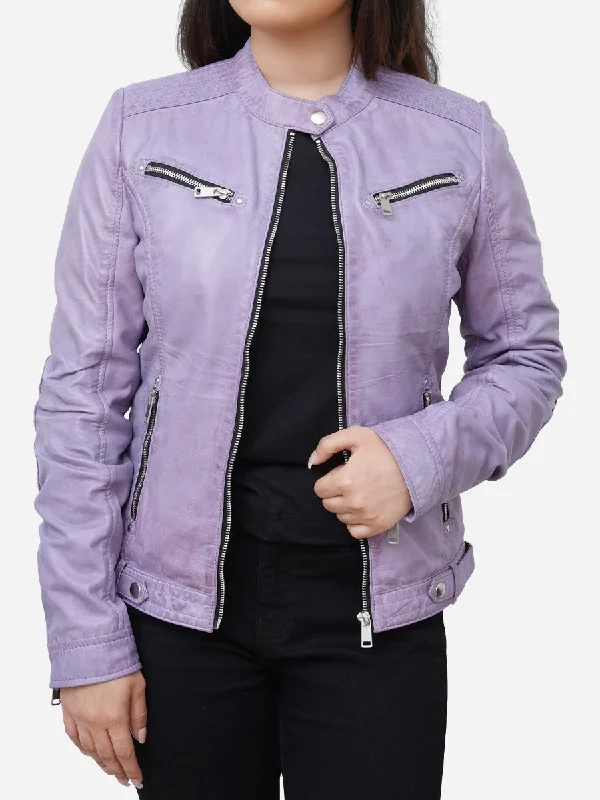 Lazy Home Charlotte Casual Slim Fit Purple Leather Biker Jacket