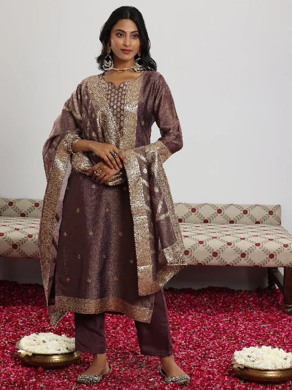 Modern Tailoring Mauve Woven Design Silk Blend Straight Suit With Dupatta