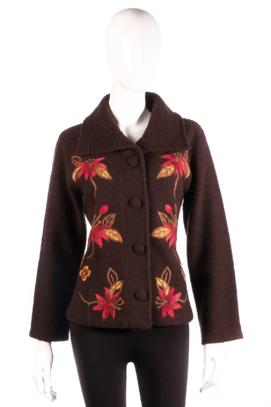 Autumn Selection Kenar Jacket Wool Brown with Red Flowers Size M 12/14