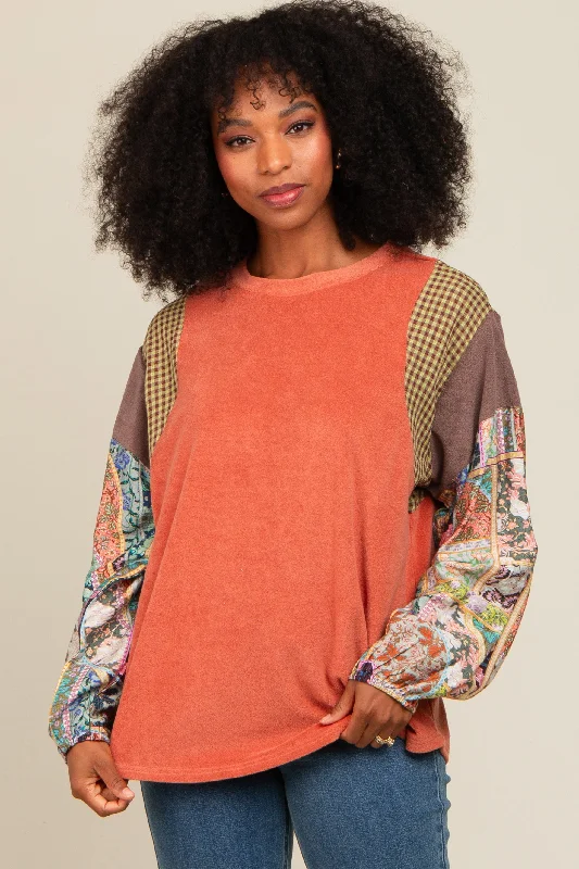 Simple Matching Rust Mixed Print Bubble Sleeve Top