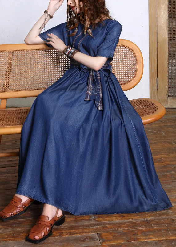 Celebrity Must-have Fashion Navy O-Neck Bow Tie Waist Silk Cotton Denim Maxi Dresses Short Sleeve