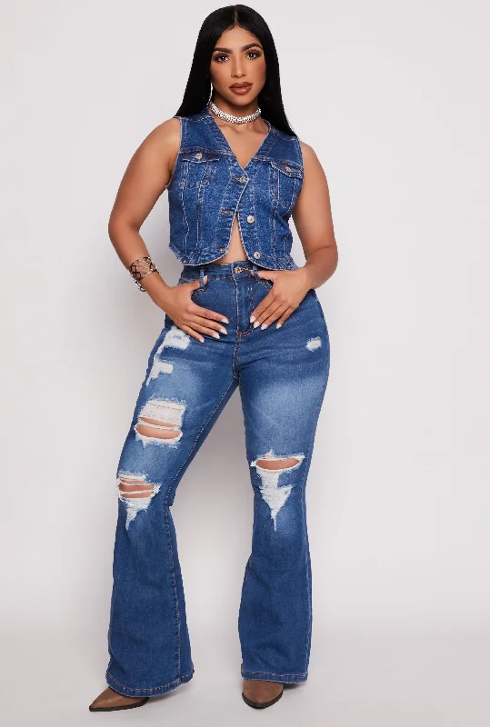 Fashionable And Versatile WAX High Waisted Distressed Flare Jeans