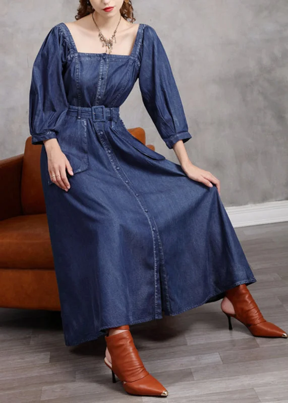 Fashion Must-have Simple Blue Square Collar Patchwork Pockets Long Denim Dresses Bracelet Sleeve