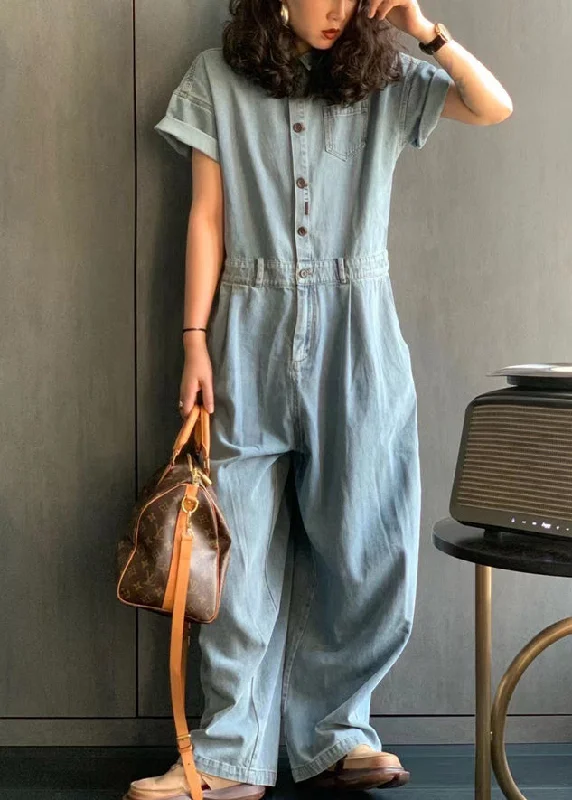 American Style New Light Blue Peter Pan Collar Button Pockets Denim Jumpsuit Summer