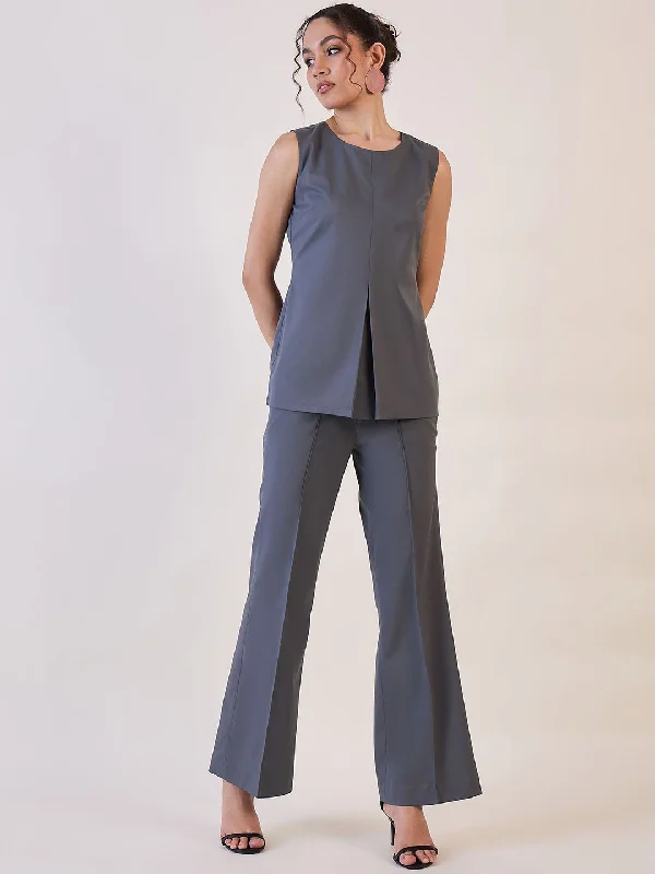 Sports Series Grey Round Neck Top with Pin tuck Pants