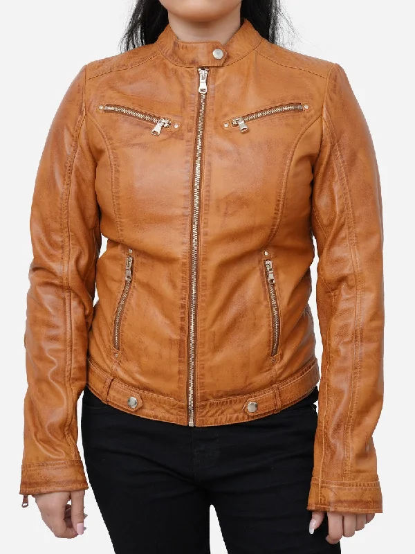 Elegant Series Maria Casual Distressed Brown Leather Biker Jacket