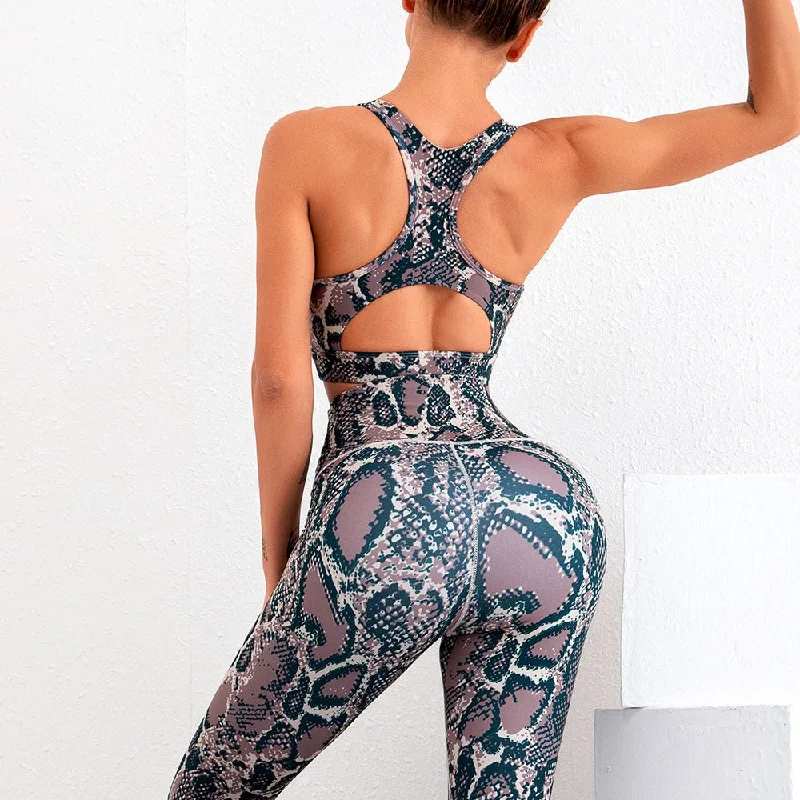 Economic Outlook Snake Print High Waist Compression Workout Leggings and Bra Set - Yoga Clothing