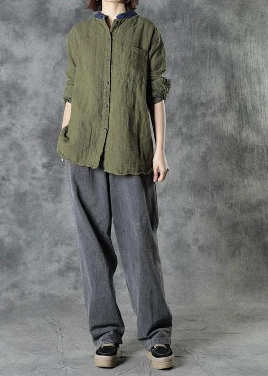 Classic Items Organic Army Green Retro Pockets Fall Long Sleeve Top