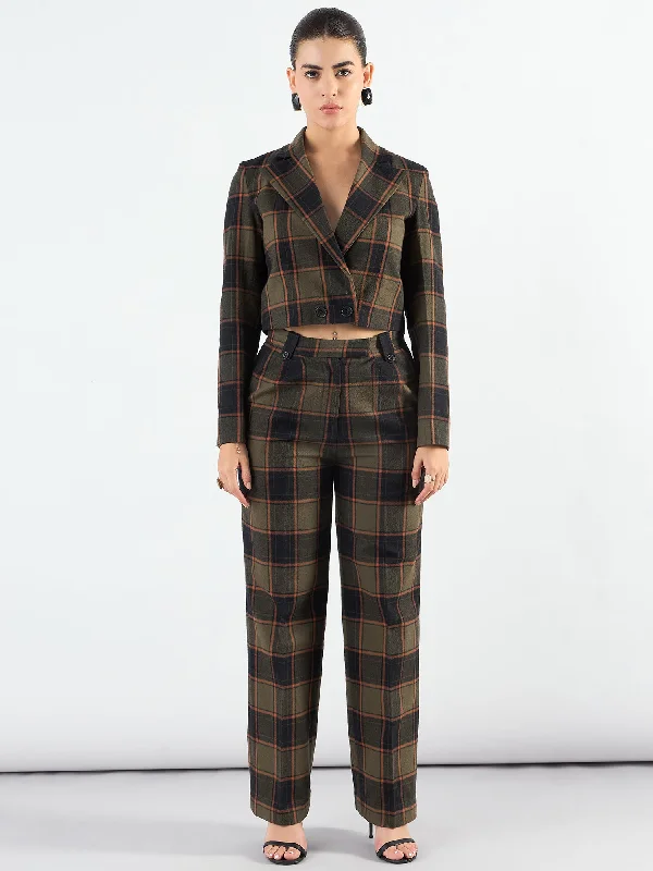 Personalized Outfit Notched Lapel Checkered Warm Crop Blazer With Trouser