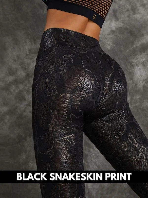 Fashionable Items ZASUWA Female Super Stretchy Faux Leather Black Snake Print Leggings