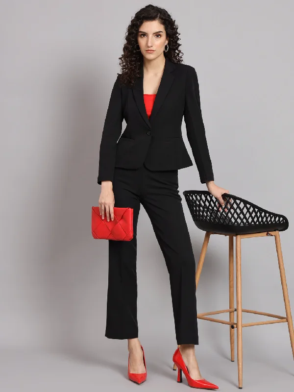 Practical Style Short Blazer Notched Collar Polyester Pant Suit - Black