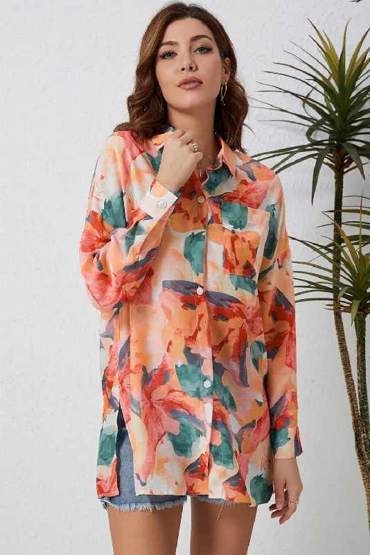 Quality Tailoring Floral Long Sleeve Slit Longline Shirt