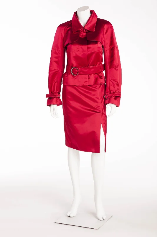 Youthful Vitality Celine - 2PC Red Satin Blazer with Belt and Skirt - FR 38