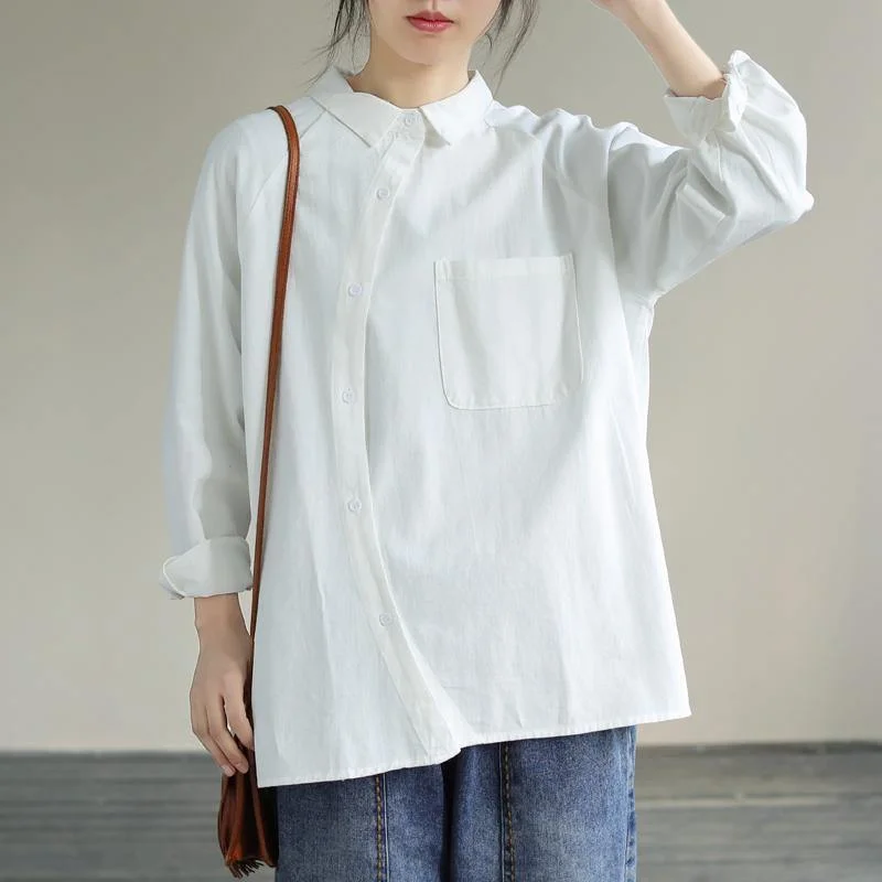 Integrated Design Organic White Tops Women Blouses Lapel Pockets Loose Spring Blouses