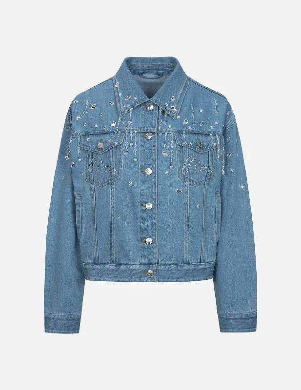 Retro Design Crystal Embellished Oversized Denim Jacket