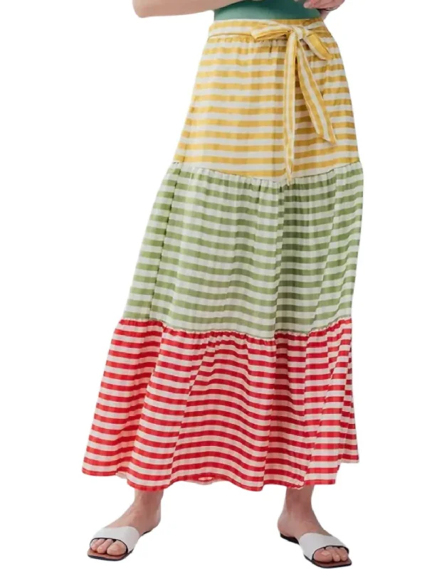 Tropical Style Plaid Color Block Belted Maxi Skirt In Multi Color