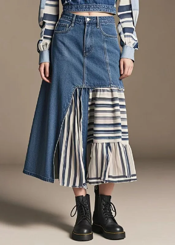 Fashionable And Versatile Modern Denim Blue Asymmetrical Patchwork Contton Skirts Spring