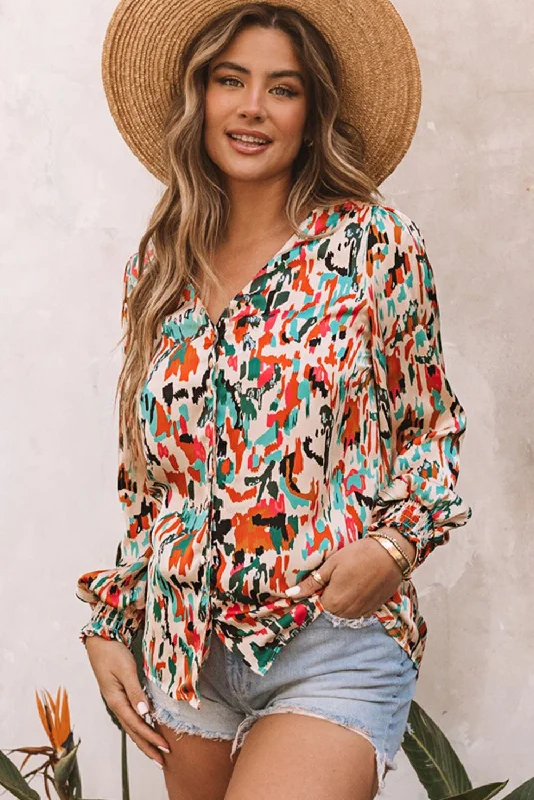 Fresh Wear Multicolored V-Neck Lantern Sleeve Shirt