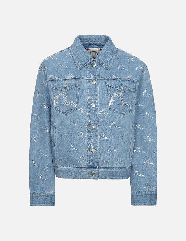 Classic Style Allover Rhinestone Seagull Loose Fit Denim Jacket