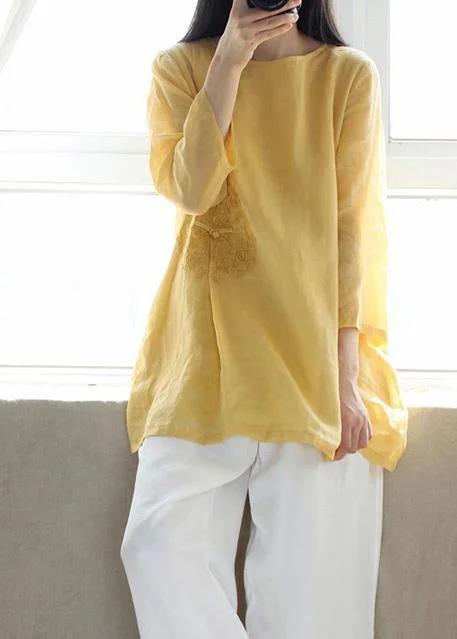 Basic Version Organic Yellow Embroidery Tunic O Neck Sleeveless Art Shirts