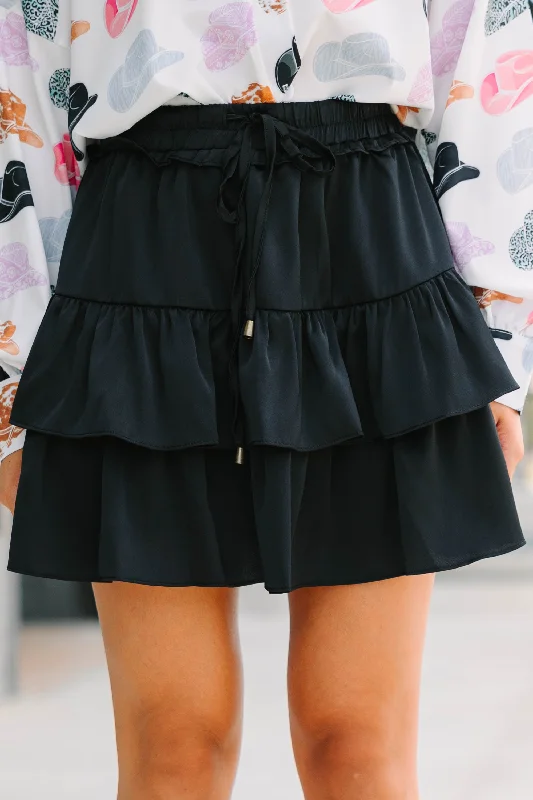 Bright Colors Take The Leap Black Satin Ruffled Skort