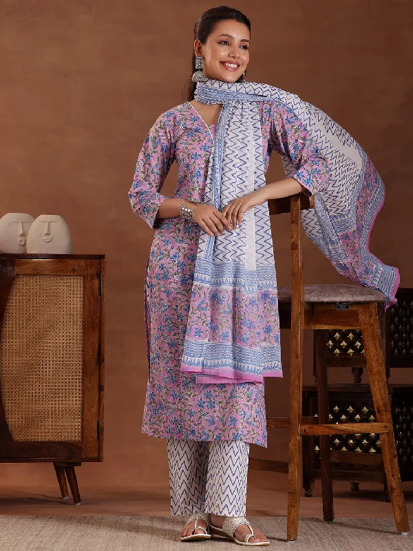 Printed Patterns Purple Printed Cotton Straight Suit With Dupatta