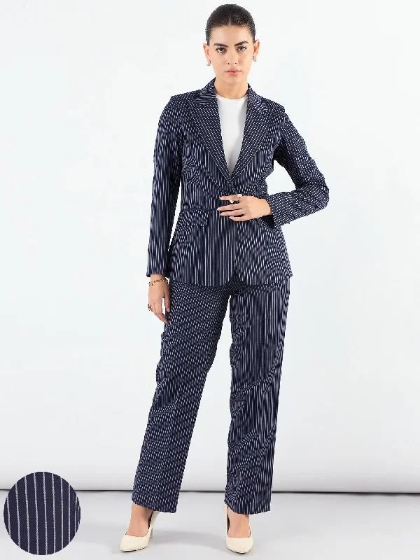 Creative Prints Blue-Striped Asymmetric Blazer With Tailored Elasticated Fit Trouser