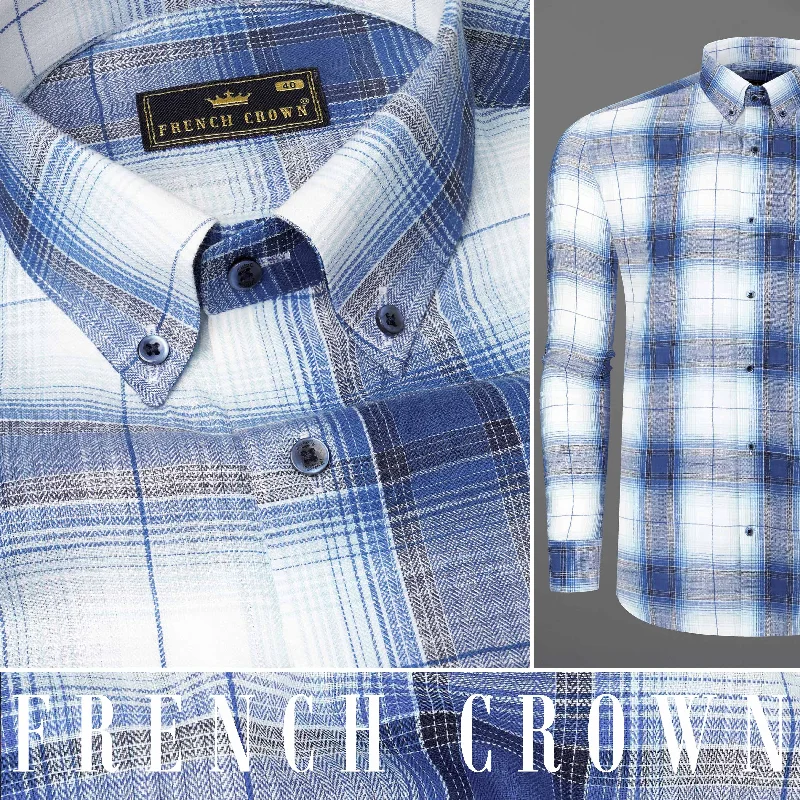 Fashion Pioneer Bright White and Twilight Blue Plaid Herringbone Shirt