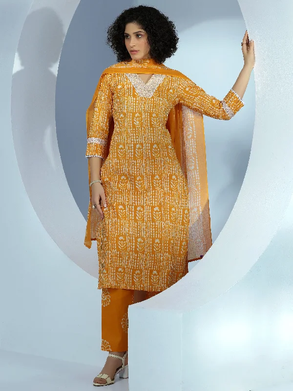 Elegant Wear Mustard Printed Cotton Straight Suit With Dupatta