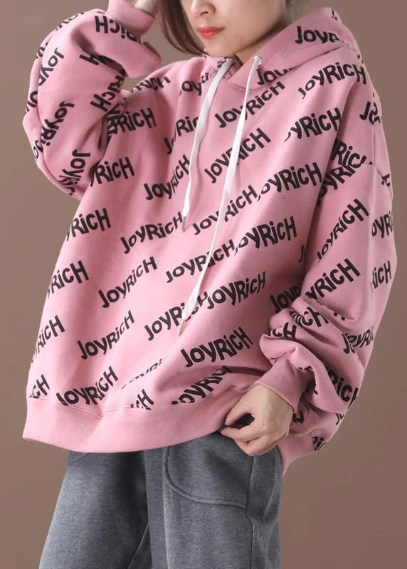 Breathable Design Organic pink alphabet prints cotton crane tops drawstring loose hooded shirt