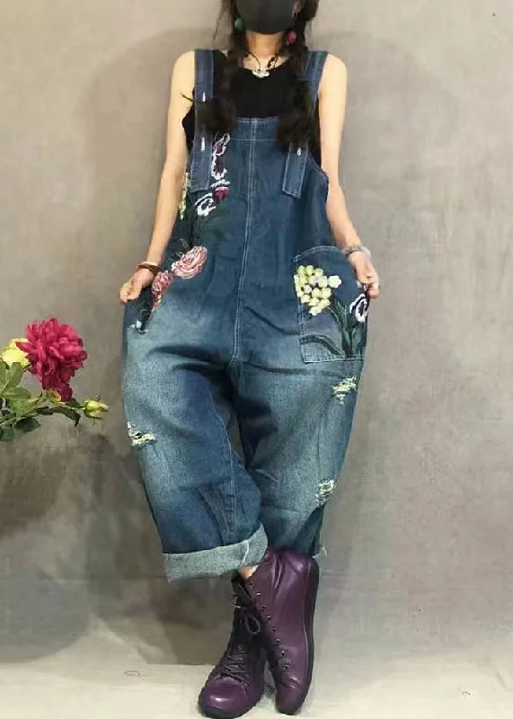 Floral Prints New Blue Embroidered Pockets Denim Jumpsuit Summer