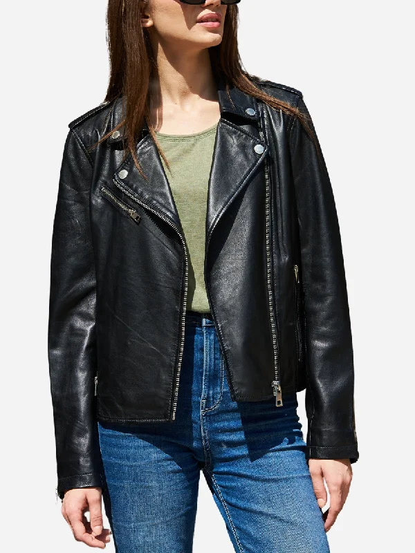 Classic Style Melinda Genuine Black Leather Biker Jacket