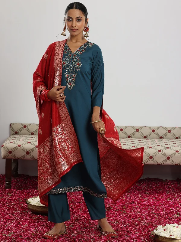 Fashion And Simplicity Teal Yoke Design Silk Blend Straight Suit With Dupatta