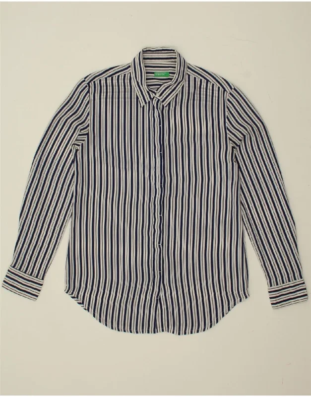 Personal Design BENETTON Womens Shirt UK 12 Medium Navy Blue Pinstripe