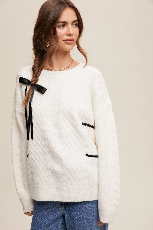 Avant-garde Design Ivory Striped Mixed Cable Knit Sweater