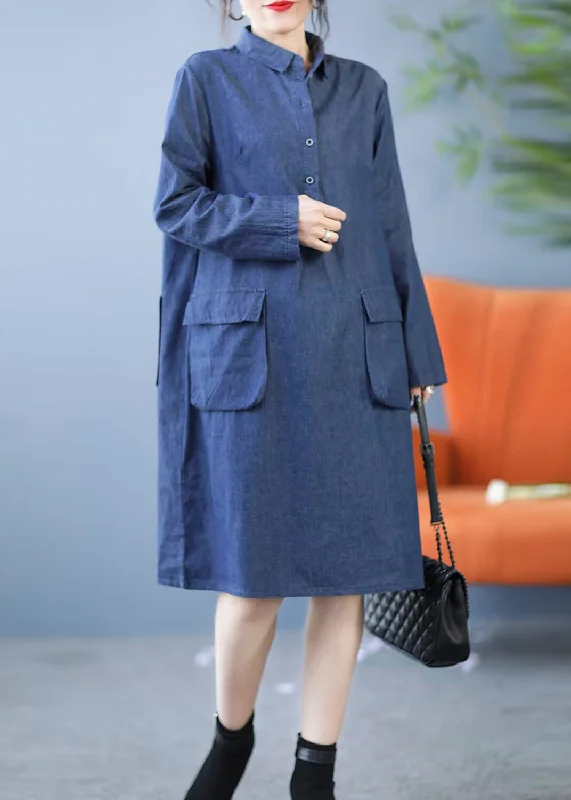 High-end Customization New Blue Peter Pan Collar Pockets Denim Shirts Dress Fall