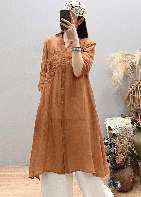 Elegant Design Orange Embroideried Linen Long Shirt Asymmetrical Design Three Quarter sleeve