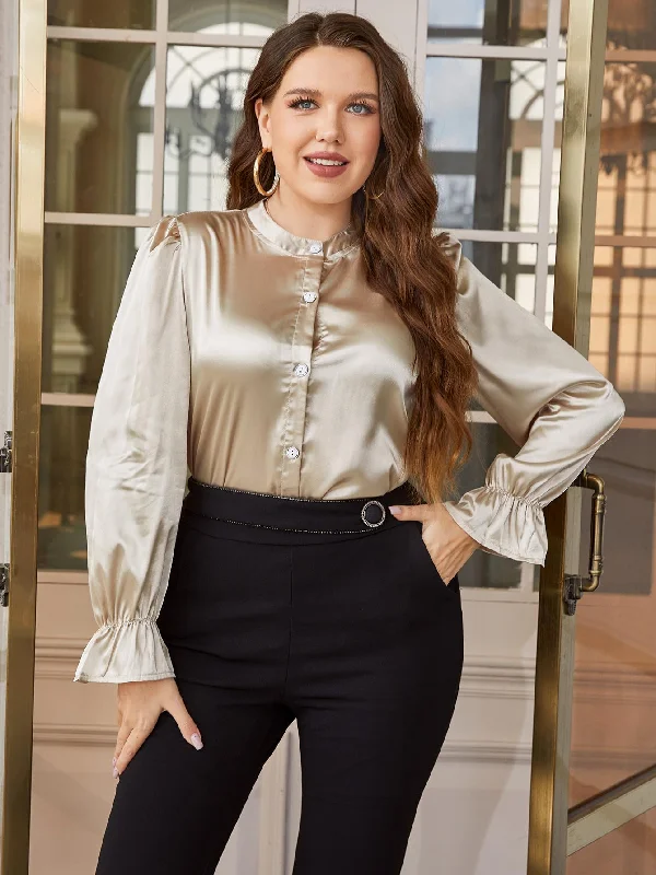 Fashion Must-have Plus Size Flounce Sleeve Band Collar Shirt