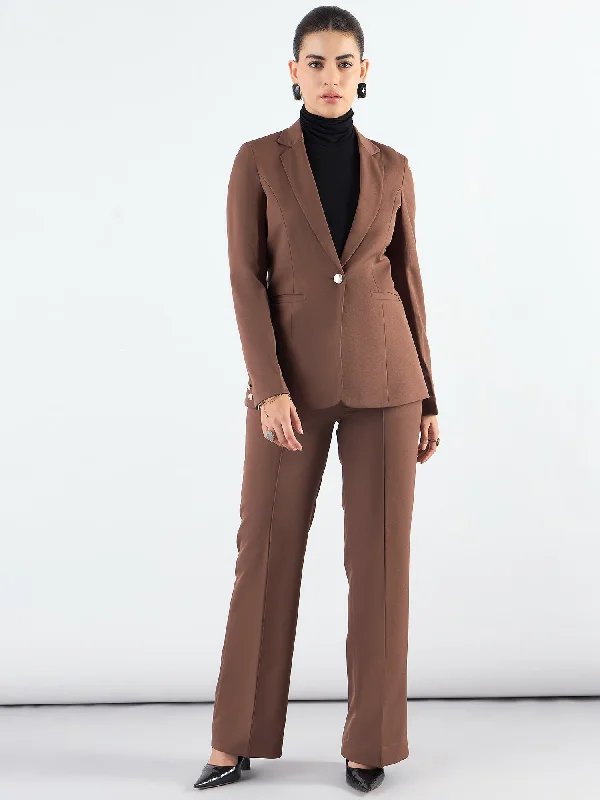 High Street Style Brown Notched Lapel Blazer With High-Waist Trouser In Stretchable Fabric