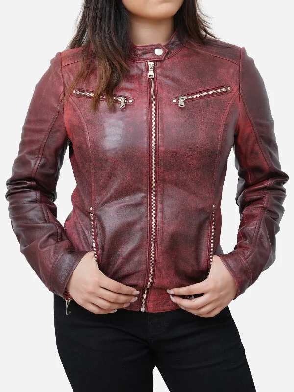 Celebrity Must-have Camila Fitted Style Distressed Maroon Leather Biker Jacket