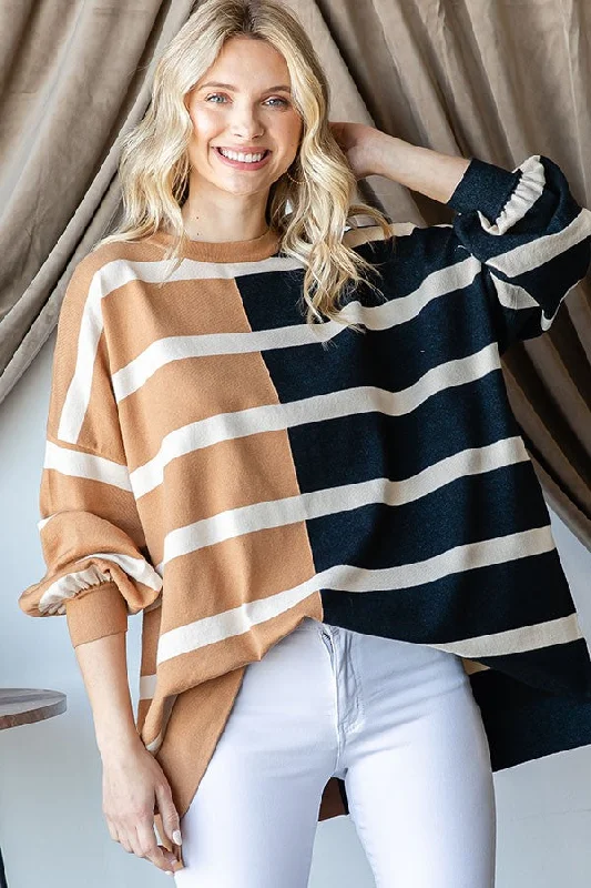 Minimal Classic Mocha Striped Colorblock Dolman Knit Top