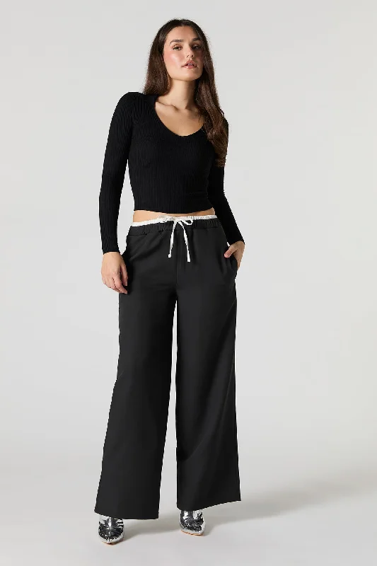 Celebrity Must-have Contrast Waistband Wide Leg Dress Pant