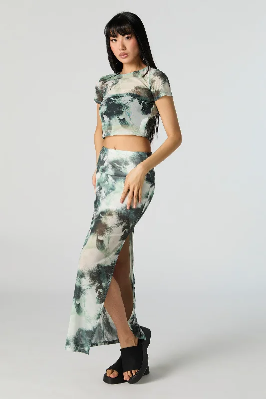 Fresh And Elegant Green Abstract Mesh Slit Maxi Skirt