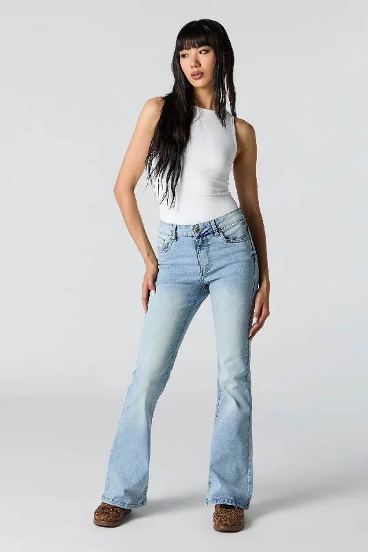 Luxury Customization Medium Wash Mid Rise Flare Jean