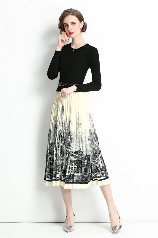 High-quality Styles Black & White Office A-line Crewneck Long Sleeve Printed Skirt Midi Dress