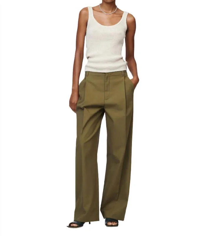 Fresh And Capable Mid Rise Pleat Front Pant In Loden Green